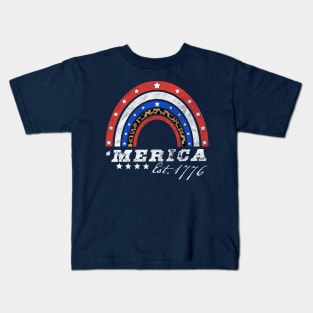 Merica Est 1776 - American Rainbow Flag 4th Of July Leopard Kids T-Shirt